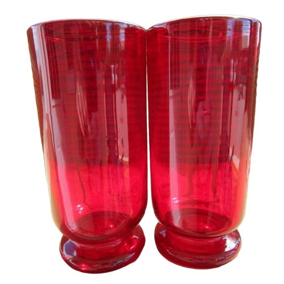 Vintage Ruby Red Footed Tumblers Hand Blown Rough Pontil Rolled Rim a Pair Very - Picture 3 of 12